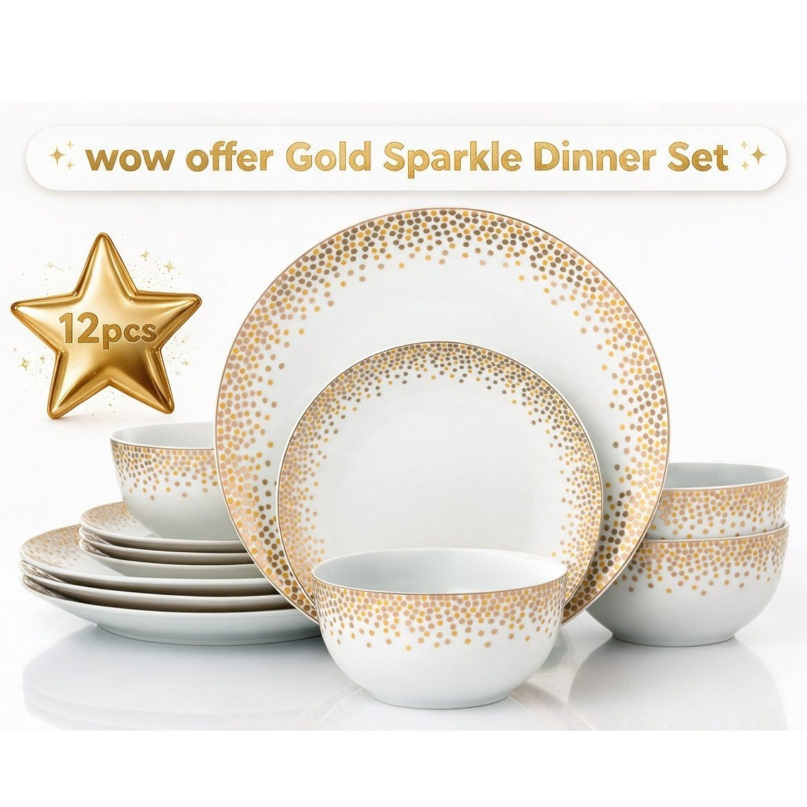 TEMU 12pcs Gold Sparkle Porcelain Dinnerware Set, 12pcss (4 )