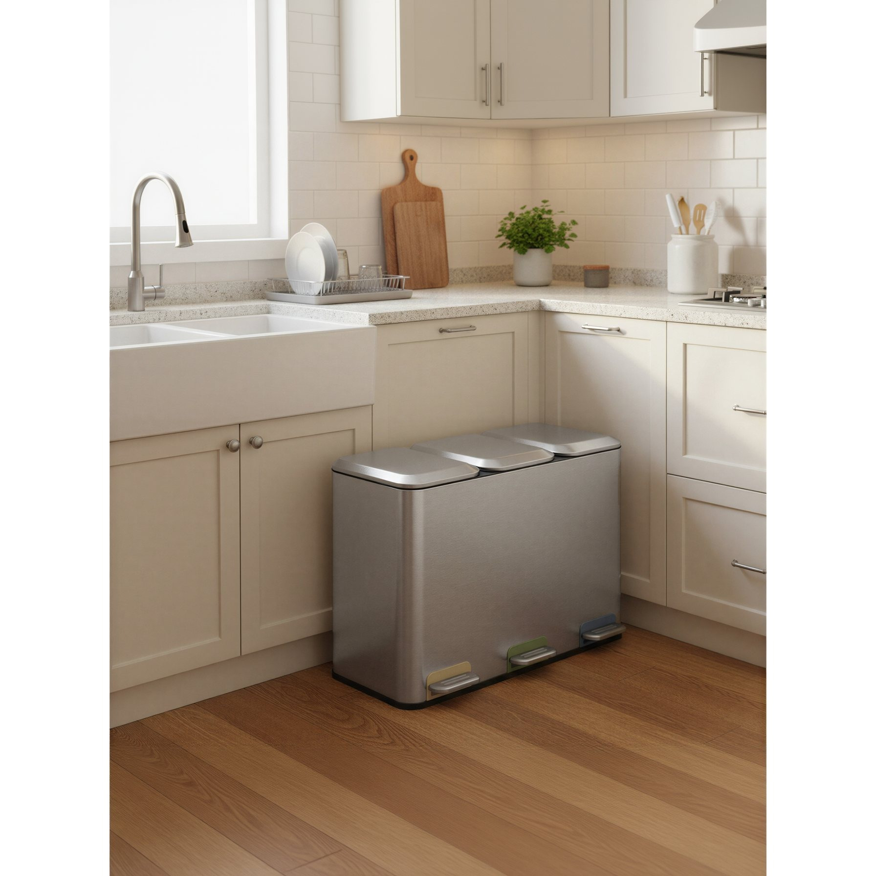 Waste Separator With 3 X 15l Inner Buckets, Steel Pedal Trash Can For Kitchen, With Lid, Silver
