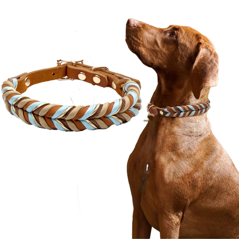 Image of Handmade Adjustable Dog Collar Made Of Real Leather And Rope.