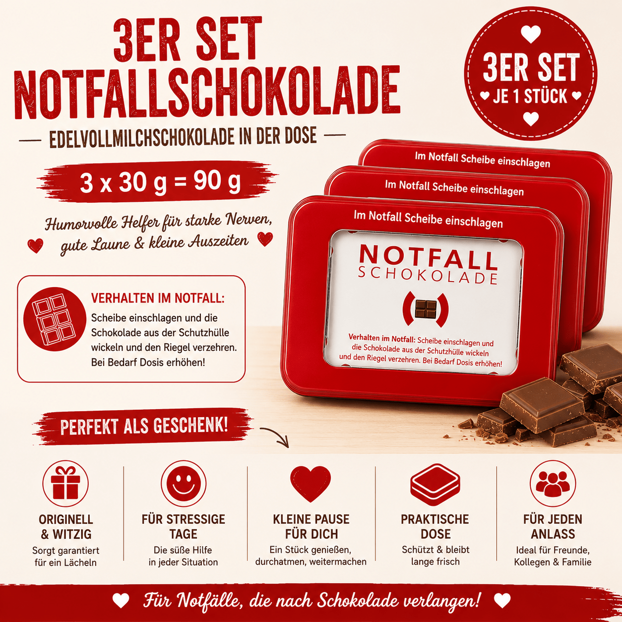 Image of 3rd Emergency Chocolate Set - 3 × 30 G Fine Whole Milk Chocolate In A Funny Emergency Box - Original Gift For Colleagues, & Chocolate Lovers