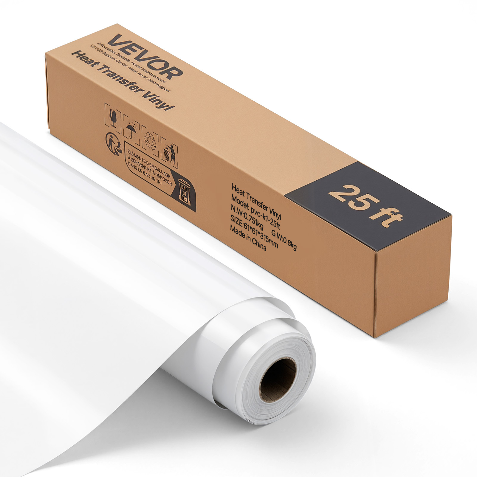Image of Vevor Heat Transfer Vinyl, 304.8 X 7260mm, Glossy White Iron On Vinyl Roll, Easy To Cut And Weed, Strong , Compatible With Cutting Machines, For Materials, T-shirts, Pillows, Hats