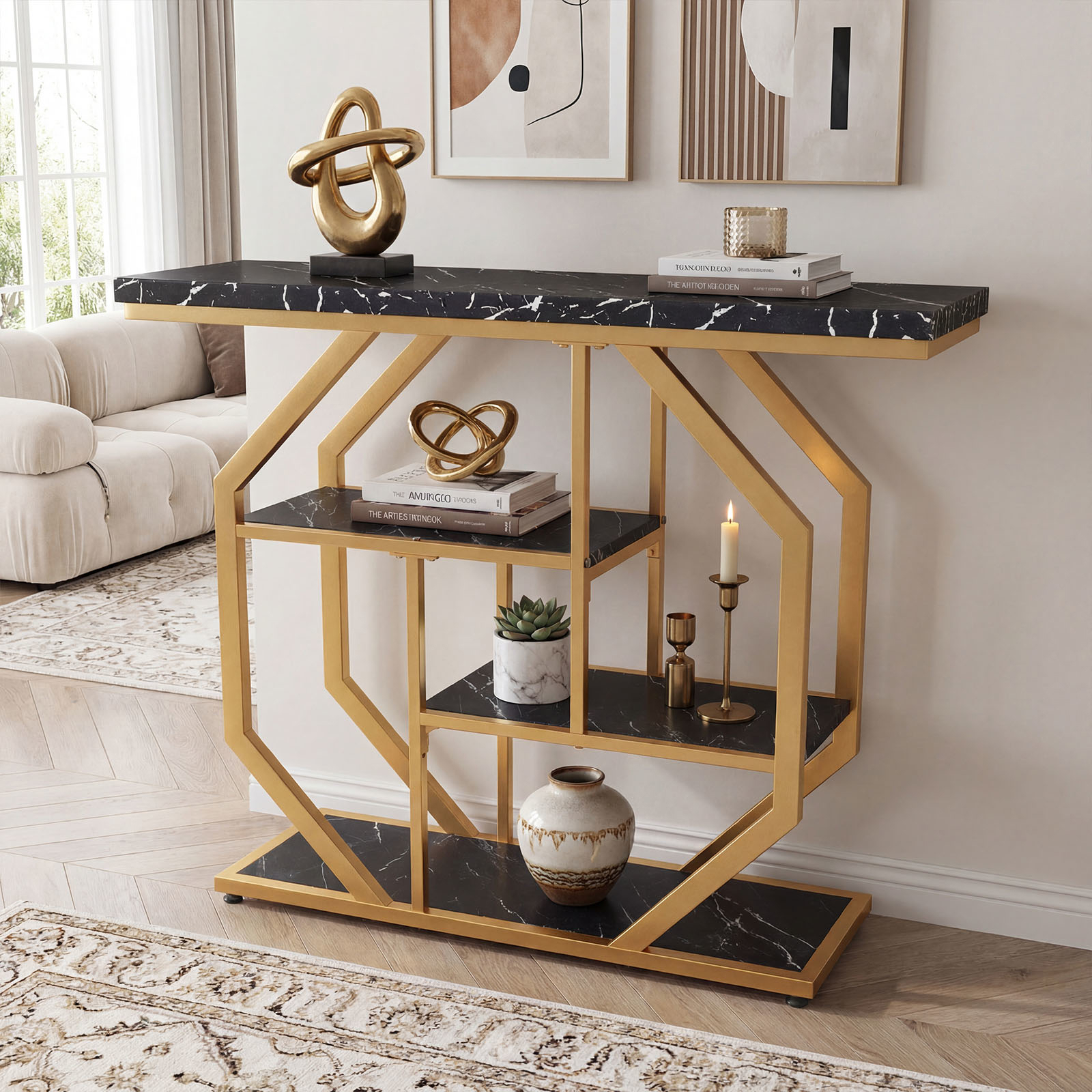 Image of 100 Cm Console Table, 4-tier Modern Entryway Table W/ Storage Shelves, Marble Behind Couch Sofa Table W/ Geometric Metal Frame, Accent Foyer Table For Hallway, Living Room, Entrance, Black & Gold