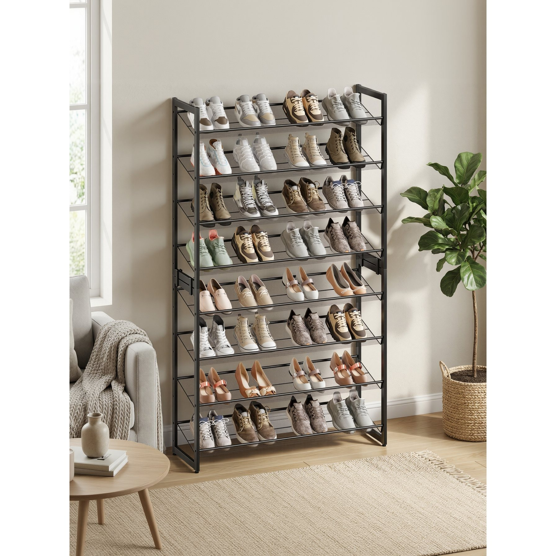 Image of 8-tier Shoe Rack Set With 2 Stackable 4-tier Shoe Organizers, Metal Shoe Storage With Adjustable Grid Shelves, Mounted Flat Or Angled