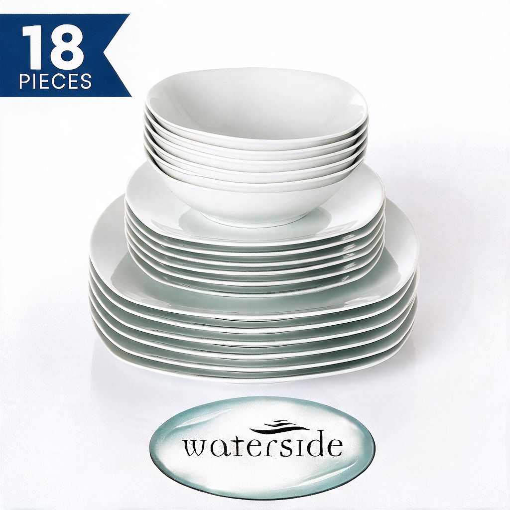 TEMU Waterside 18pc White Porcelain Square Dinner Set; 6 Dinner Plates, And Bowls
