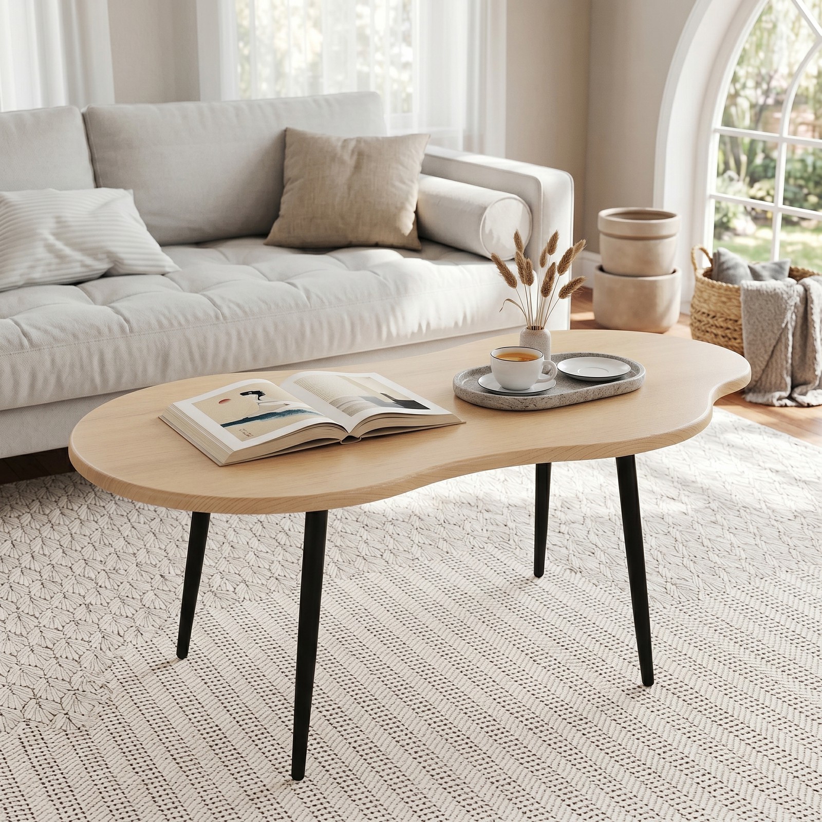 Image of Cloud Shape Coffee Table, 100cm Irregular Center Table With Metal Frame, Wooden Decorative Tea Table, Modern Accent Cocktail Table For Living Room, Home Office, Small Spaces, Natural