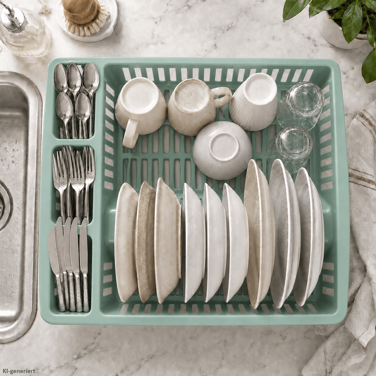 Image of Mint Dish Drainer Rack, Lxw 46x36cm, Plastic Dish Basket For Plates, Cups, Glasses, And Cutlery, Dish Drying Rack For Kitchen And Sink, Dish Basket