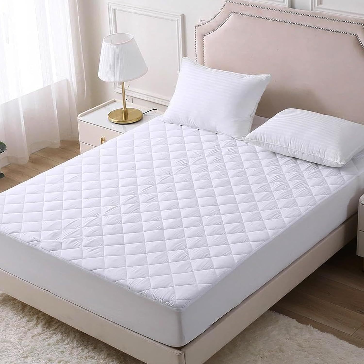 TEMU 1pc Quilted Mattress Protector - Soft And Comfortable Deep Pocket, Bedding Mattress Cover, Machine Washable, Fitted Sheet Mattress Protector For