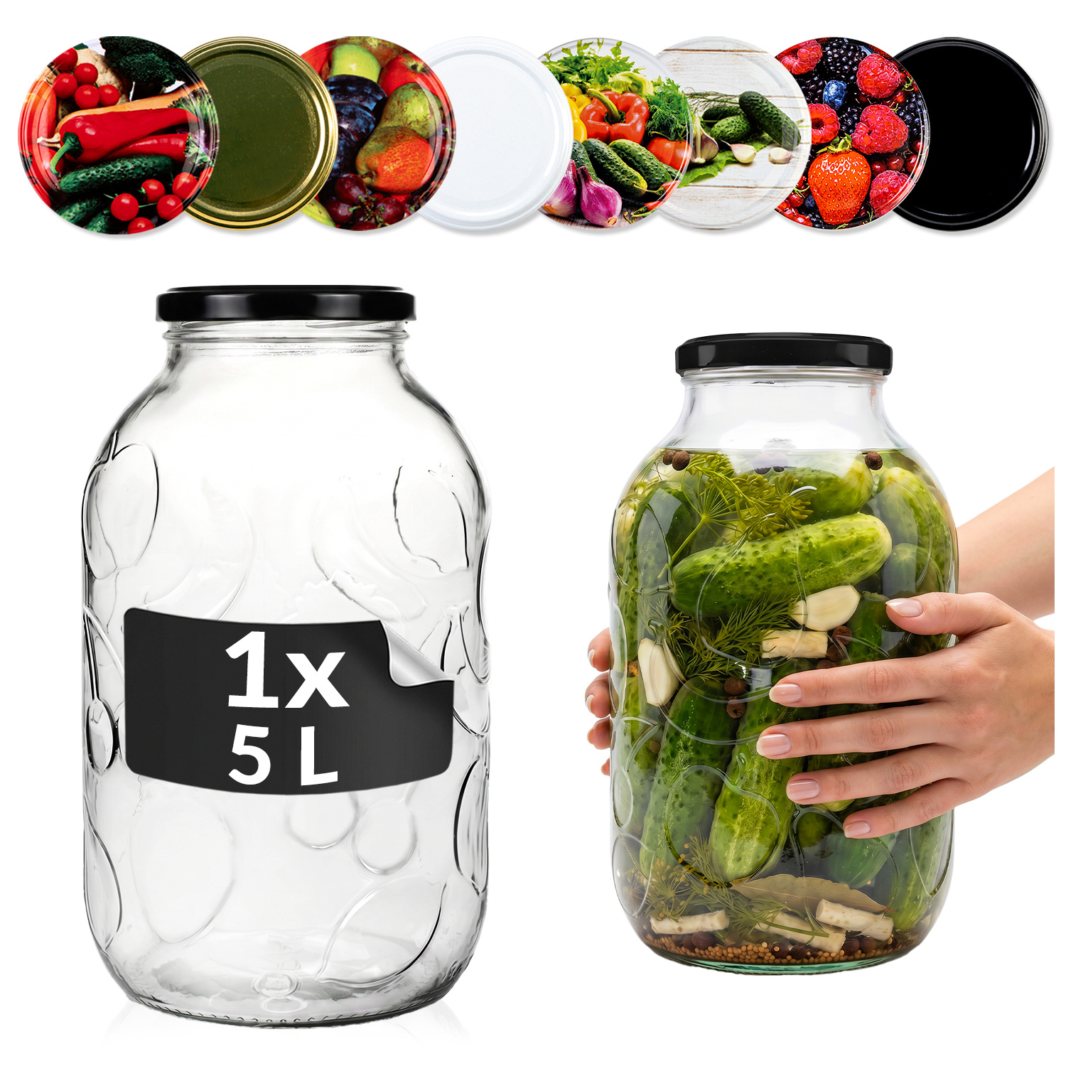 Image of Glass Jar 5 L For , Sauerkraut, , , , With A Decorative Pattern - Decorative 5 L Jar For Pantry, Kitchen, Restaurant And Homemade Products.