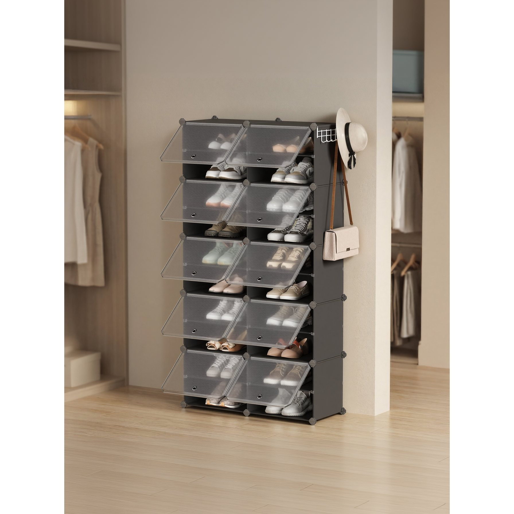 Shoe Storage With 10 Compartments, Adjustable Shelf For Hallway, Cabinet For Up To 40 Pairs, Black