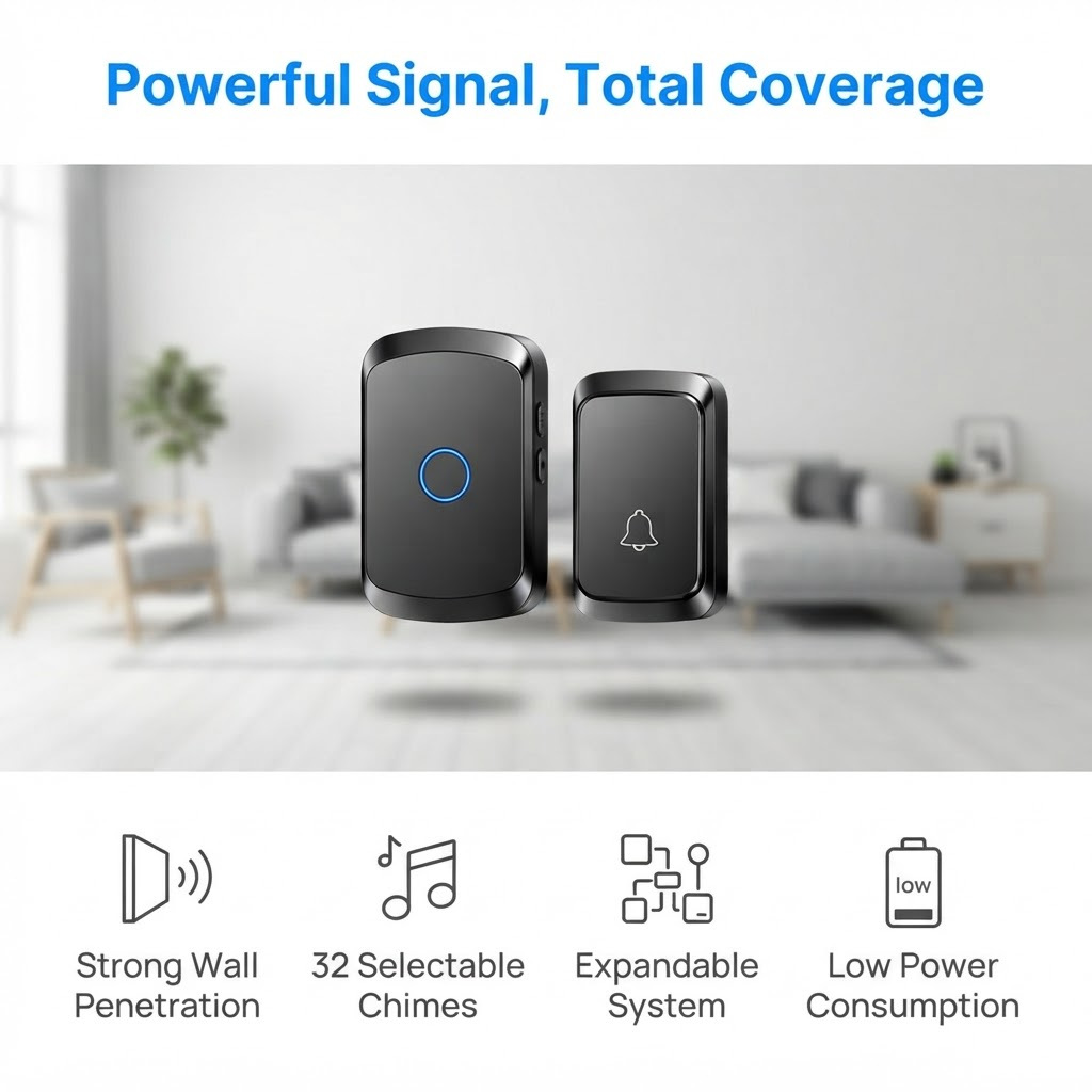 Image of Wireless Doorbell 2 Receivers & 1 Button, 300m Long Range Waterproof Door Bell, 32 Chimes Usb Rechargeable, Ipx7 Outdoor Doorbell For Home Villa Office