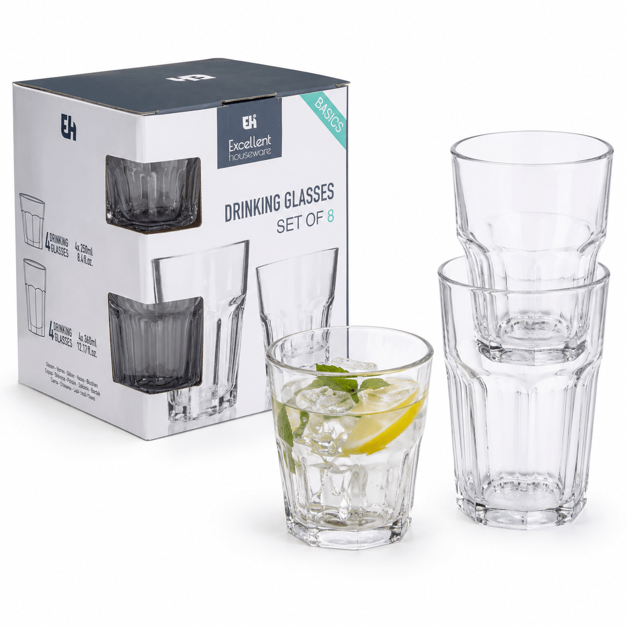 TEMU 8 Glass Cups Set - 4x360ml + 4x250ml | Ideal For Water, Juice, Cocktails, Whisky | Perfect For Daily Use At Home Or Bar | Dishwasher Safe