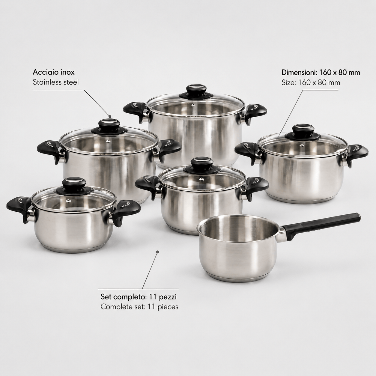 Image of 11-piece Stainless Steel Cookware Set For Gas, Electric, Ceramic, And Induction | Glass Lid Saucepans With Bakelite Handle | 5 Sizes 16-24cm | Cookware Set, Stainless Steel Pots, Induction Saucepans
