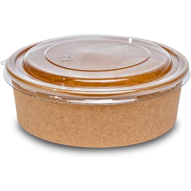 " Paper Salad Bowls With Lids - Disposable Cardboard Soup Containers [500ml/750ml/1000ml/1300ml] Brown Round Bowls, [50/100/200 Pieces]"