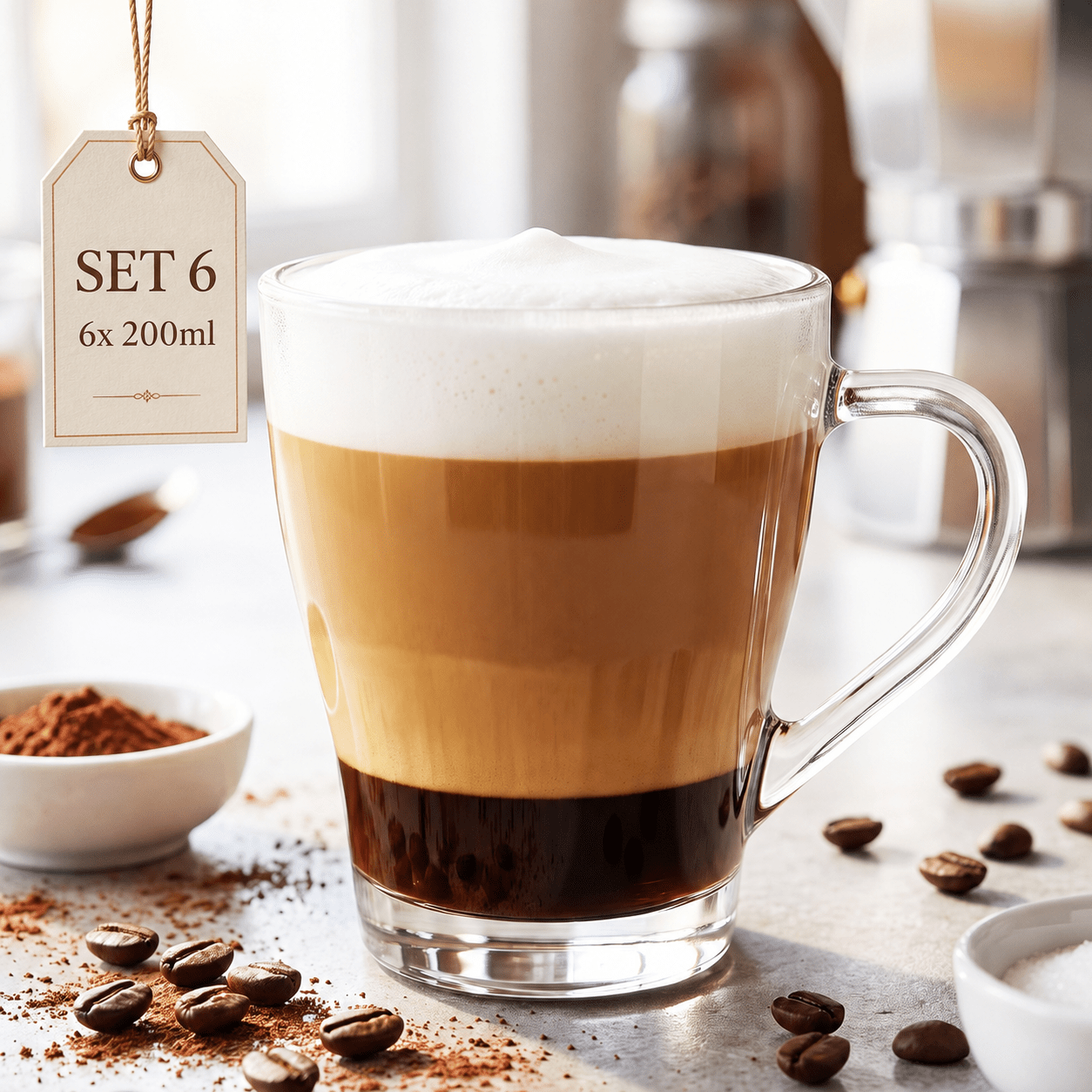 Image of Glasmark Coffee Glasses 200ml Set Of 6 Pieces Insulated For Latte, Cappuccino, Tea, Water, Dessert, Drink, Elegant, Modern, Durable, Sturdy, Practical, Uni