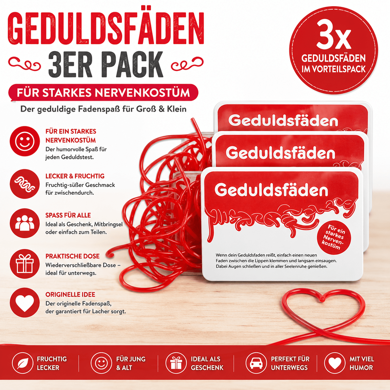 Image of Patience Threads 3-pack – Fruit Gum Strings With Strawberry Flavor – Fun Gift Idea & Souvenir – 100% Vegan – 3 × 24 G