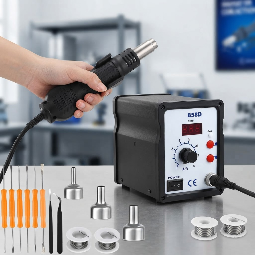 Image of 2-in-1 Hot Air Rework Station With Digital Display, 700w 100- Adjustable Temperature, Smd Soldering Station With 3 Nozzles & 2 Solder Wires