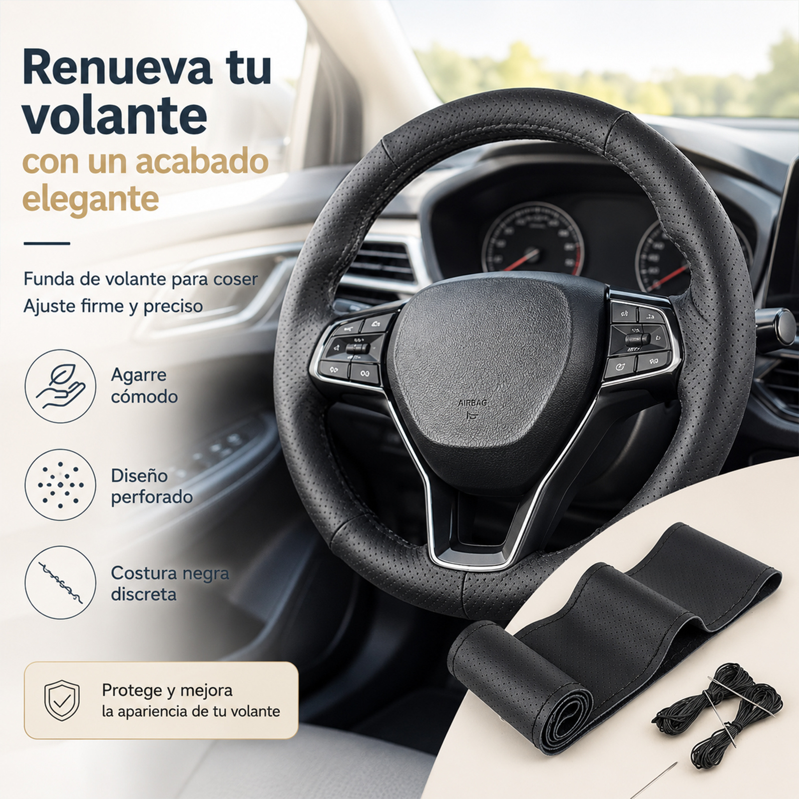 TEMU para Volante de Coche para Coser, PU Perforado Antideslizante y Transpirable, 36,5–38 cm, Cubierta con Costura Azul, Incluidos para Auto, SUV,