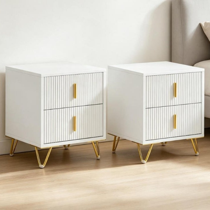 Image of Nightstand 2-piece Set With Drawers, Side Table, Bedside Cabinet, Modern Bedroom Living Room Furniture, White, Sturdy Gold Metal Legs, 40x40x47 Cm, Practical By Sobuy