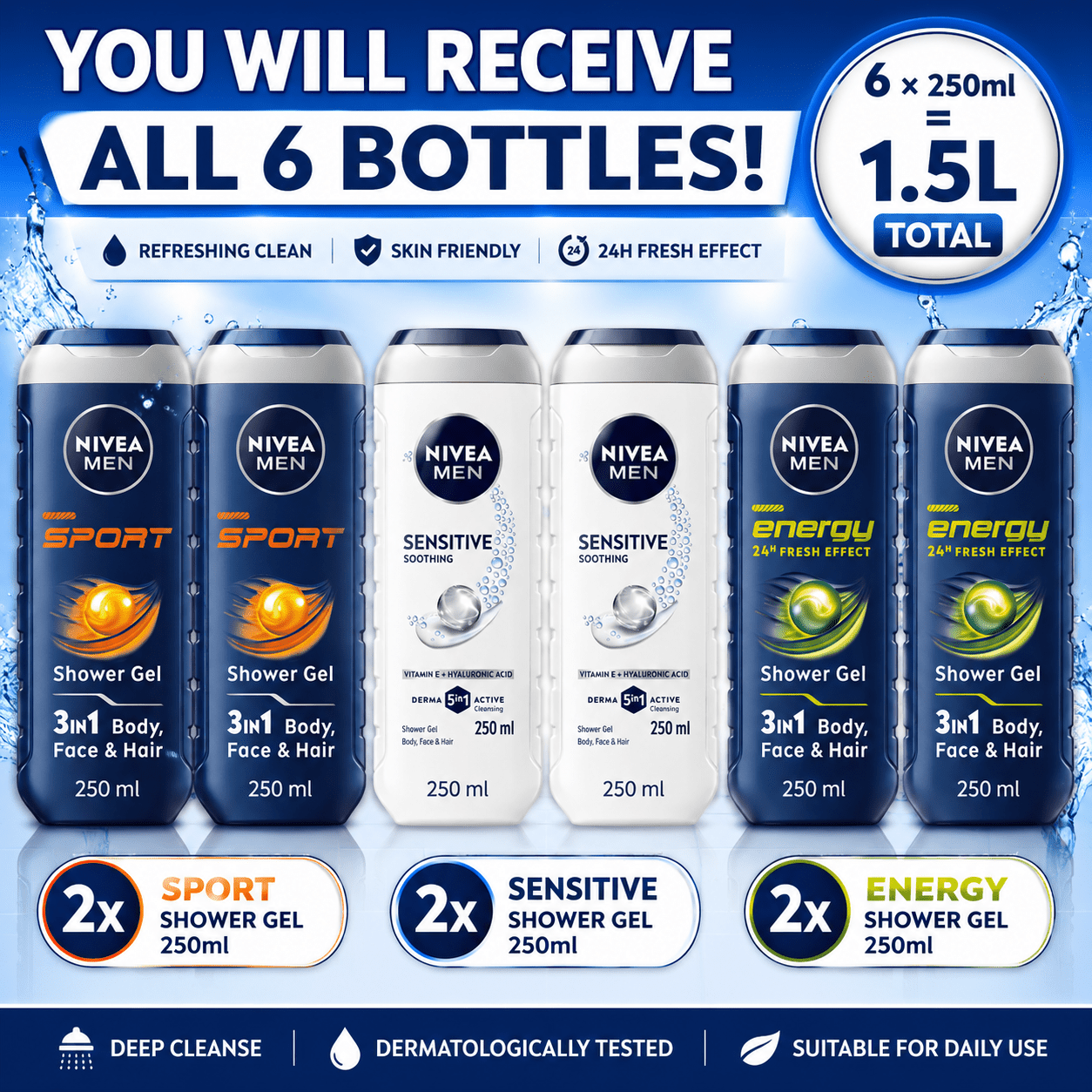 TEMU Nivea Men Shower Gel Bundle 6 Pack – 2 + 2 X Sensitive + 2 – 250ml Each – Body, – 1.5l Total