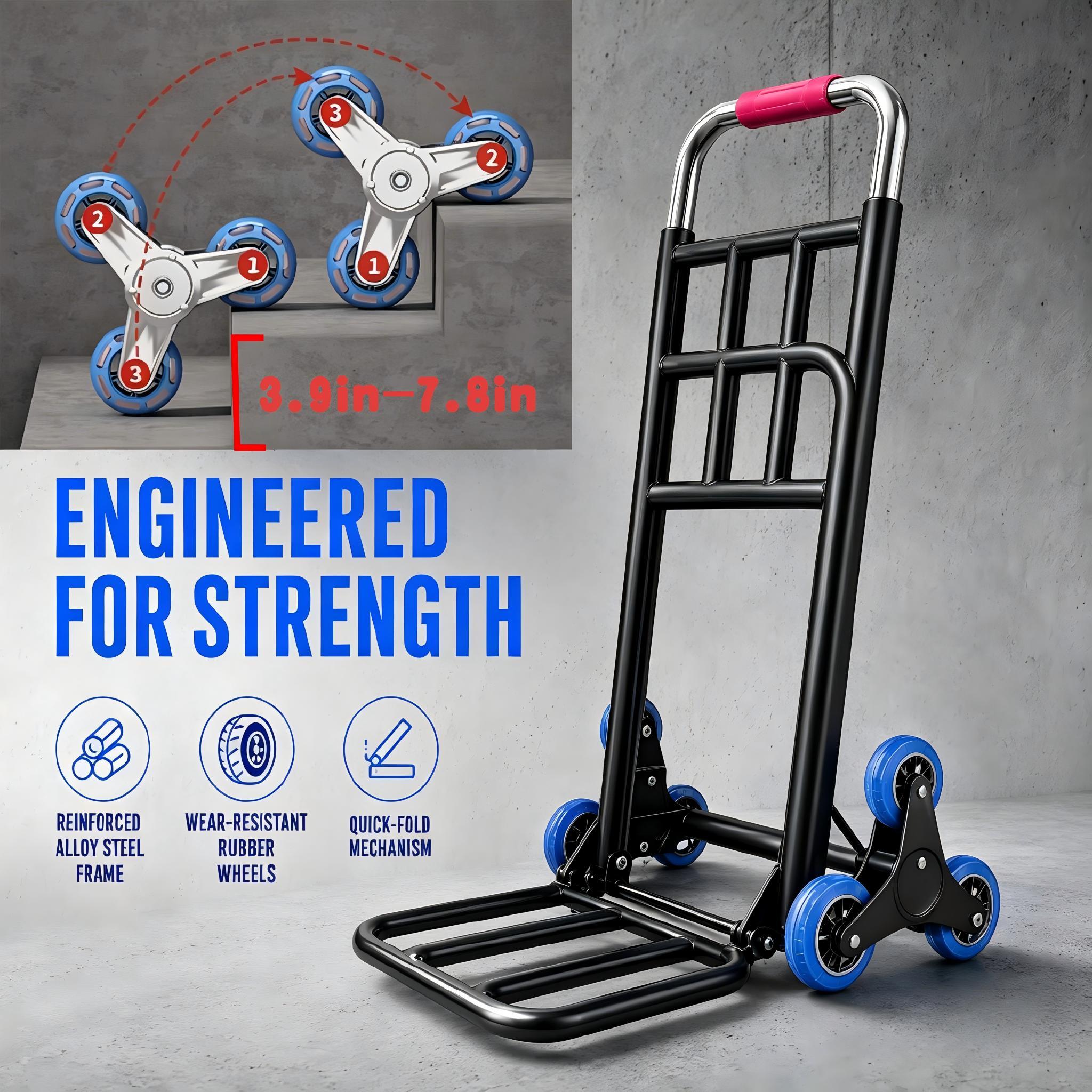 Artikelbild klappbarer treppensteigender handwagen – robuster stahlrahmen, 400-pfund-tragkraft, höhenverstellbarer griff, tragbares design. mit treppensteigermechanismus für einfaches anheben und transportieren; ideal für müheloses schleppen und als einkaufswagen – die perfekte   für umzugs- und einkaufsaufgaben (schwarz).