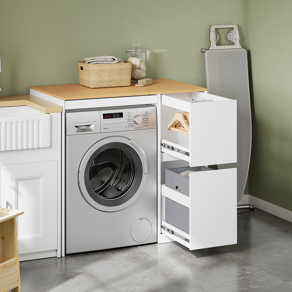 TEMU Meuble Machine à Laver Meuble Dessus Machine Linge Armoire Buanderie avec Panier à Linge Étendoir Coulissant Rangement pour Salle de Bain Petite