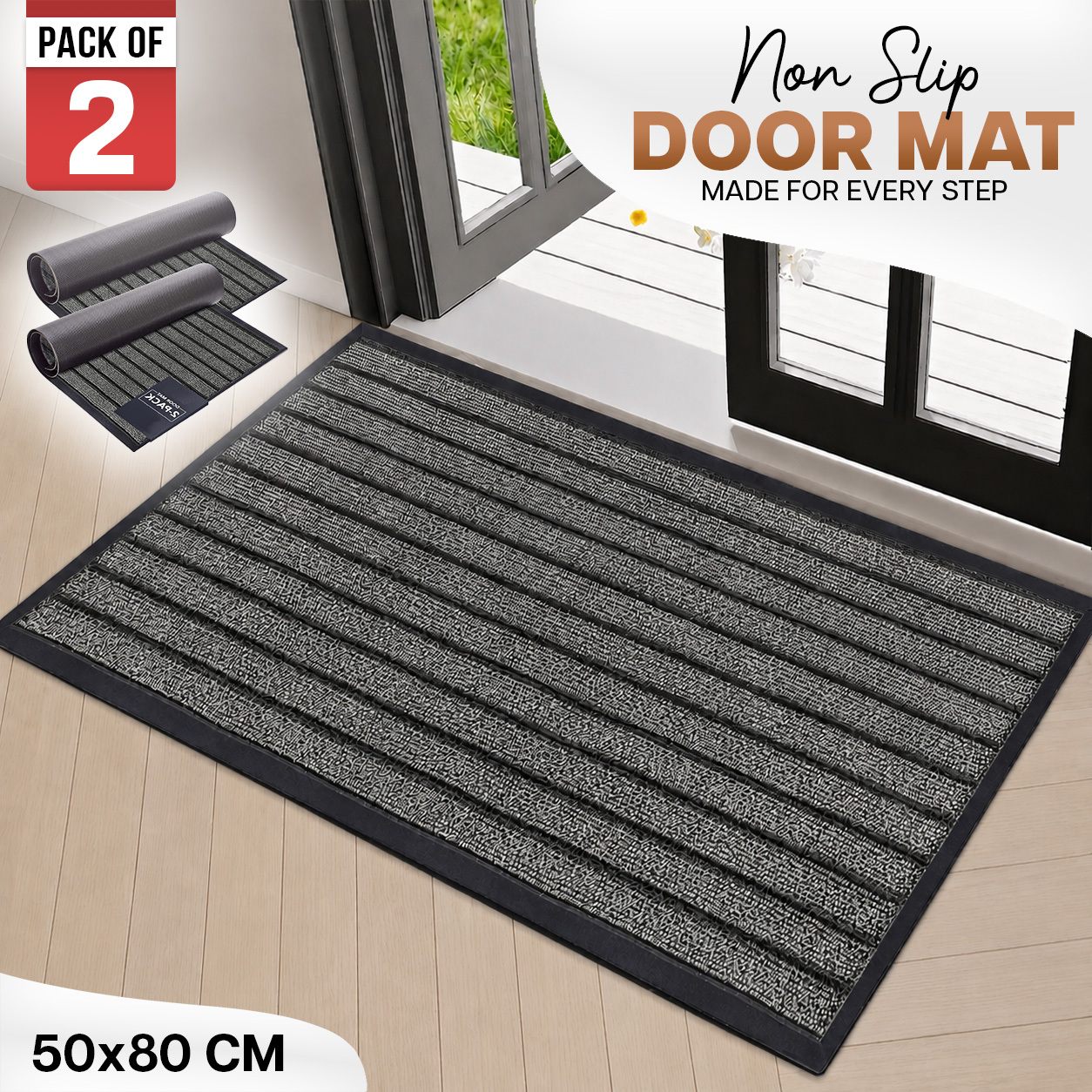 TEMU 2pcs Entryway Door Mat – Indoor Rubber Mat For Entrance Low Profile Front Doormat Rubber Backing Indoor Outdoor Stripes, Easy To Clean, Non-slip