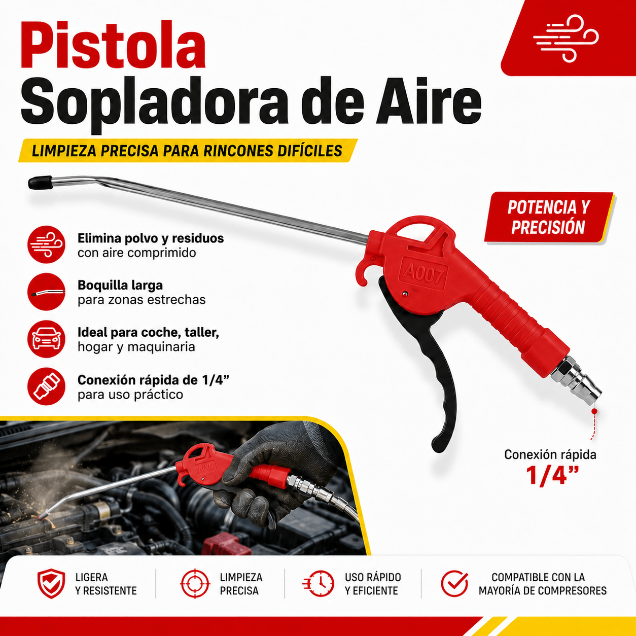 TEMU Pistola Sopladora de Aire Comprimido con Boquilla Metálica Larga de 263 mm, Conector Rápido de 1/4", Herramienta de Limpieza para Coche, ,