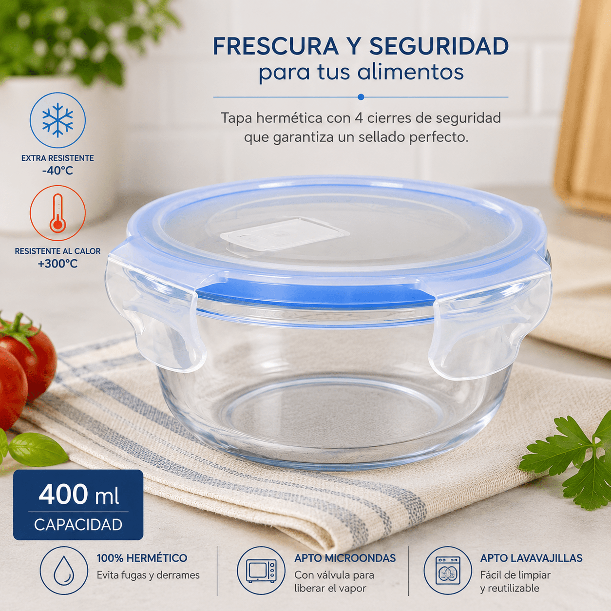 TEMU Táper de Vidrio Hermético 400 ml | para Microondas, Congelador y Lavavajillas | Libre de BPA