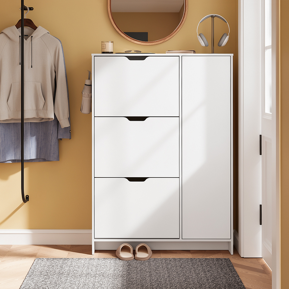 Image of Shoe Rack Shoe Shoe Shelf Narrow Shoe Rack With 3 Doors Lateral Storage Space And Hooks For 12 Pairs Of Shoes Hallway Entrance Area Small Apartment White 84 × 24 × 122 Cm Sobuy