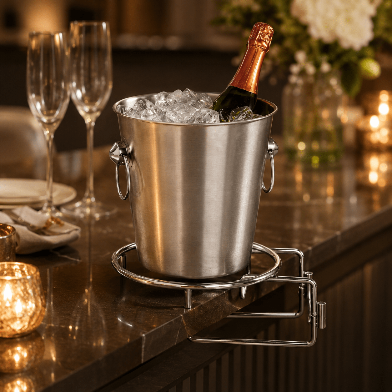 TEMU Stainless Steel Bucket With Holder And Pedestal | 3-piece Set | Ice Bucket For Wine, Prosecco, Cooler, Table Bottle Holder