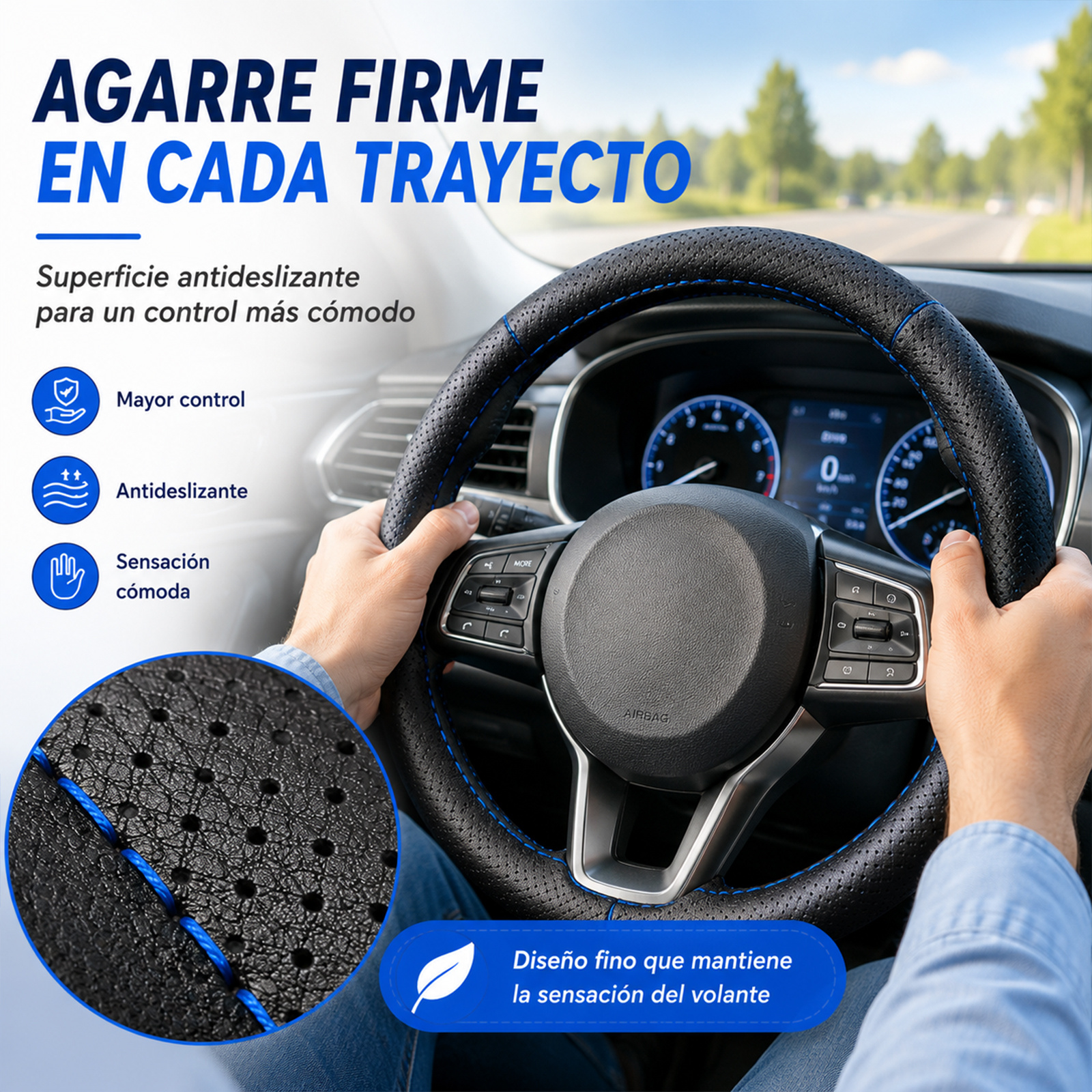TEMU para Volante de Coche para Coser, PU Perforado Antideslizante y Transpirable, 36,5–38 cm, Cubierta con Costura Azul, Incluidos para Auto, SUV,