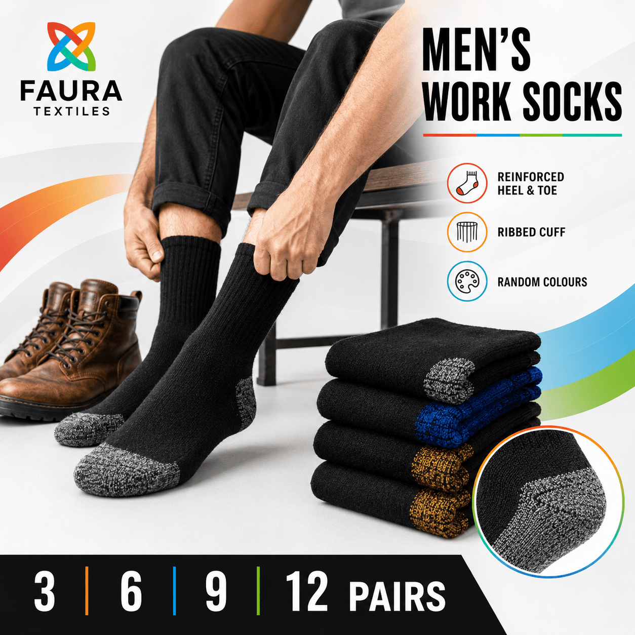 TEMU Faura Textiles Men's Work Socks – Reinforced Heel & Toe Mid-calf Crew Boot Socks For Work, Sports, Walking & Everyday Wear – Random Colours – 3,