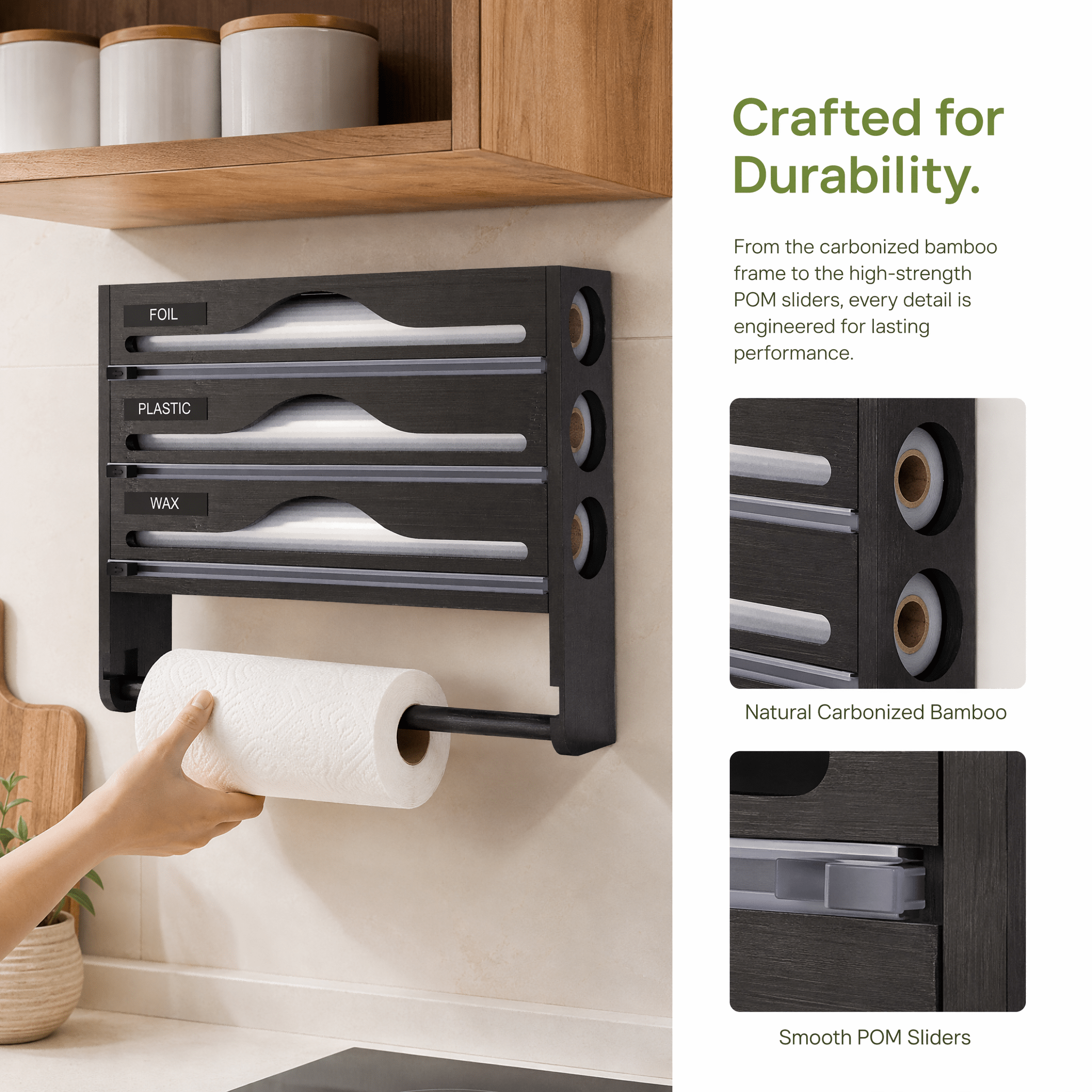 TEMU A Foil Dispenser With A Paper Cutter, Cling Film Holder, Wall-mounted With Cutter, 3-in-1 Design, Aluminum Foil And Wax Paper Storage Rack,