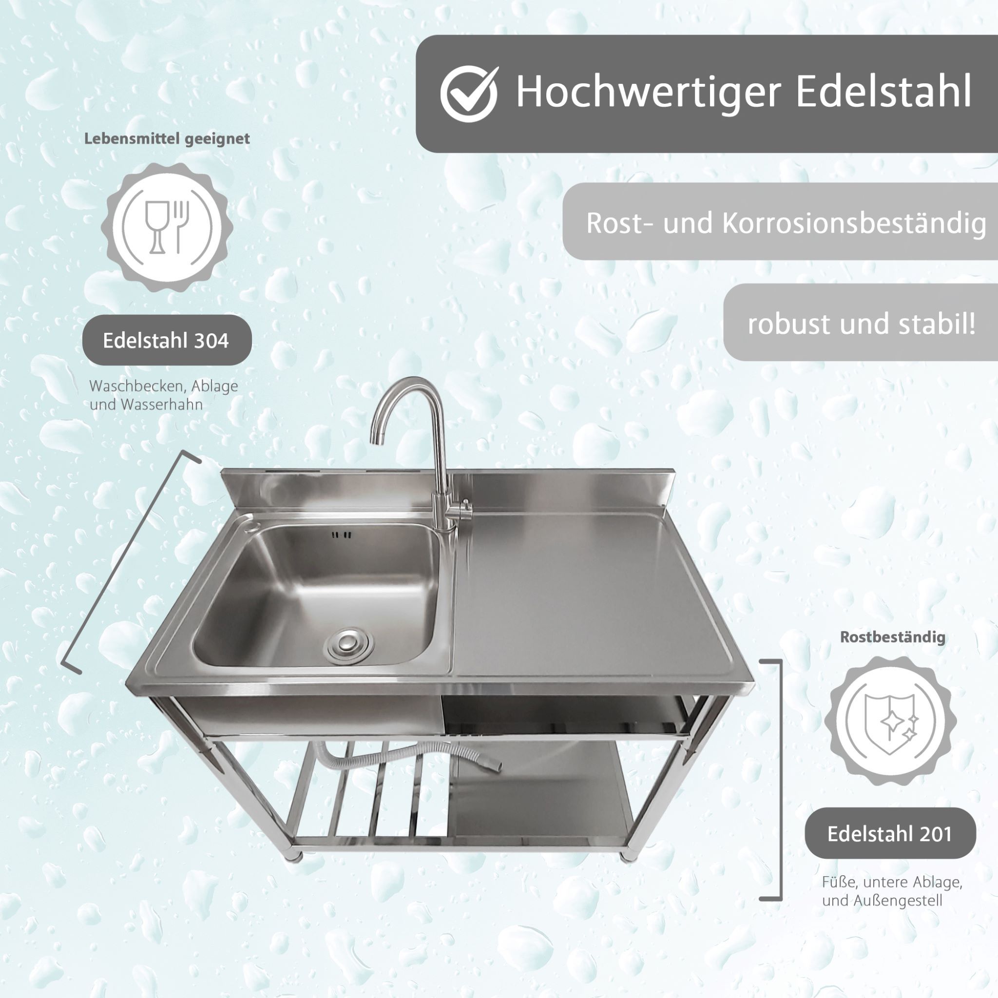 Freestanding Kitchen Sink, Faucet With Hot And Cold Water Connection, Sink Size L