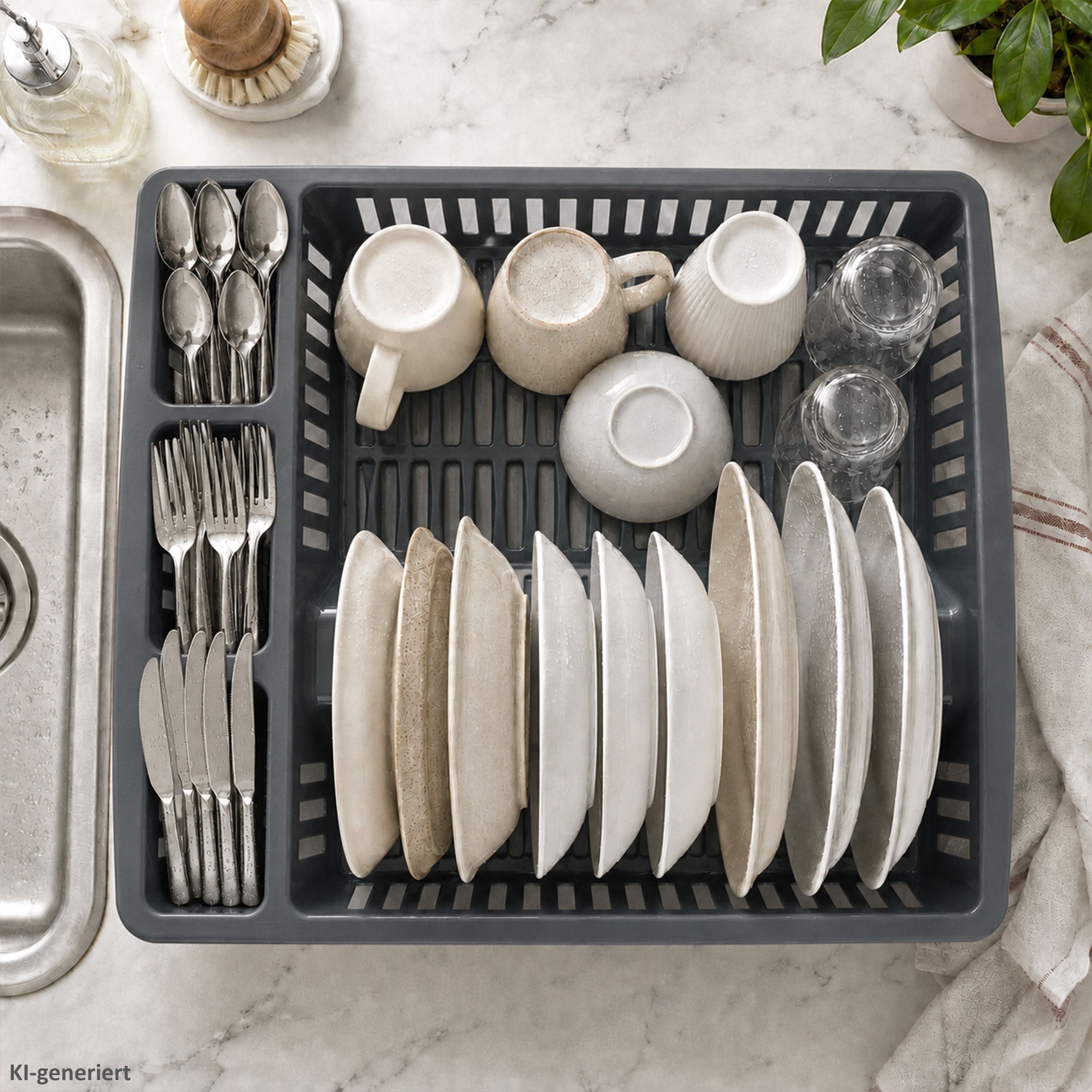 Image of Gray Dish Drainer Rack, Lxw 46x36cm, Plastic Dish Basket For Plates, Cups, Glasses, And Cutlery, Dish Drying Rack For Kitchen And Sink, Dish Basket