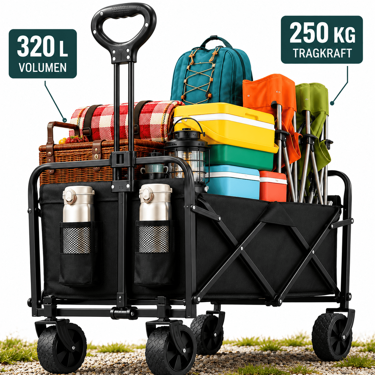Image of Collapsible Xxl-dolly Cart . 320l Up To 250 Kg, Transport Cart With 2 Front Pockets, Closed Telescopic Handle And -terrain Wheels