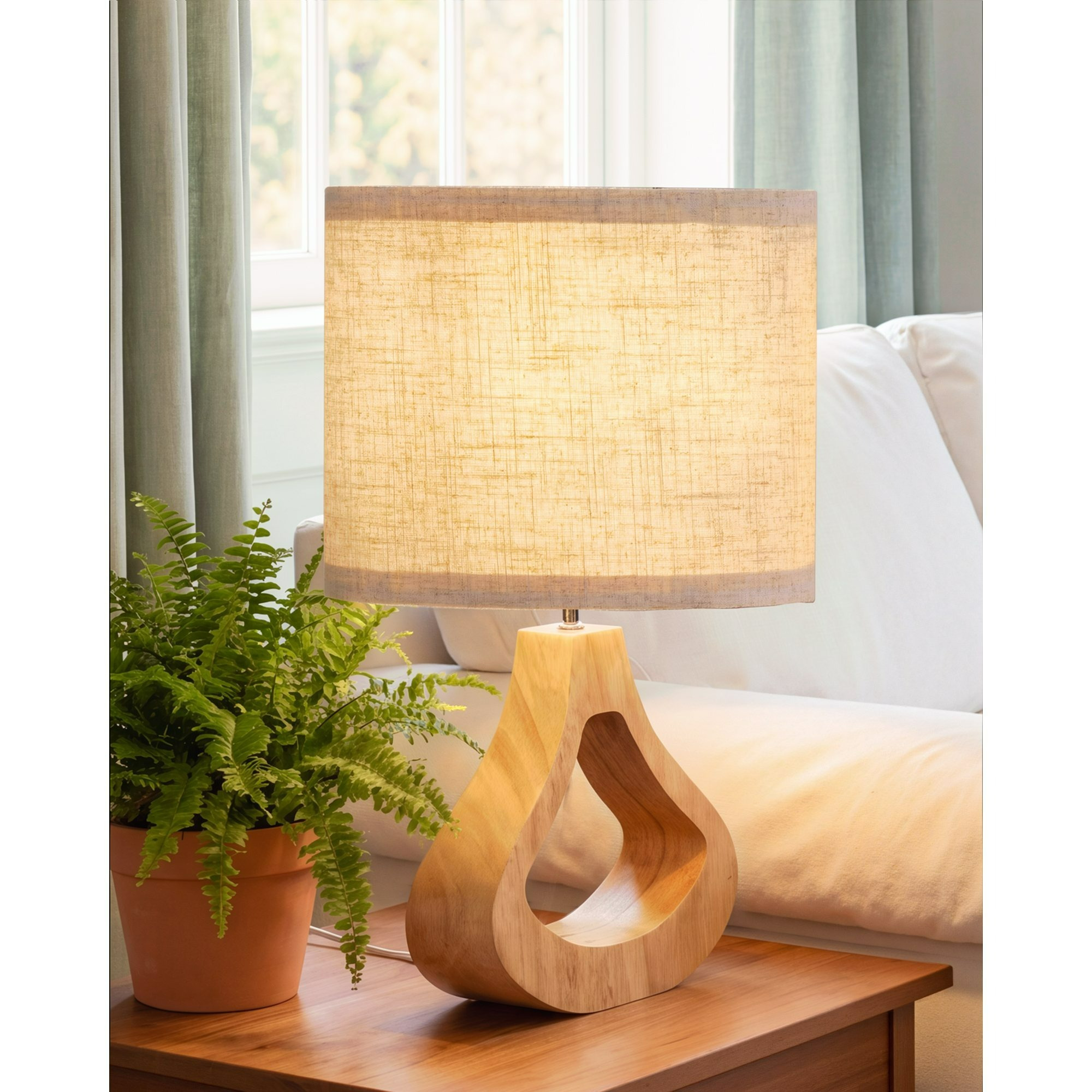 Beige Wooden Table Lamp With Linen Shade E27, Vintage Decor For Living Room Bedroom