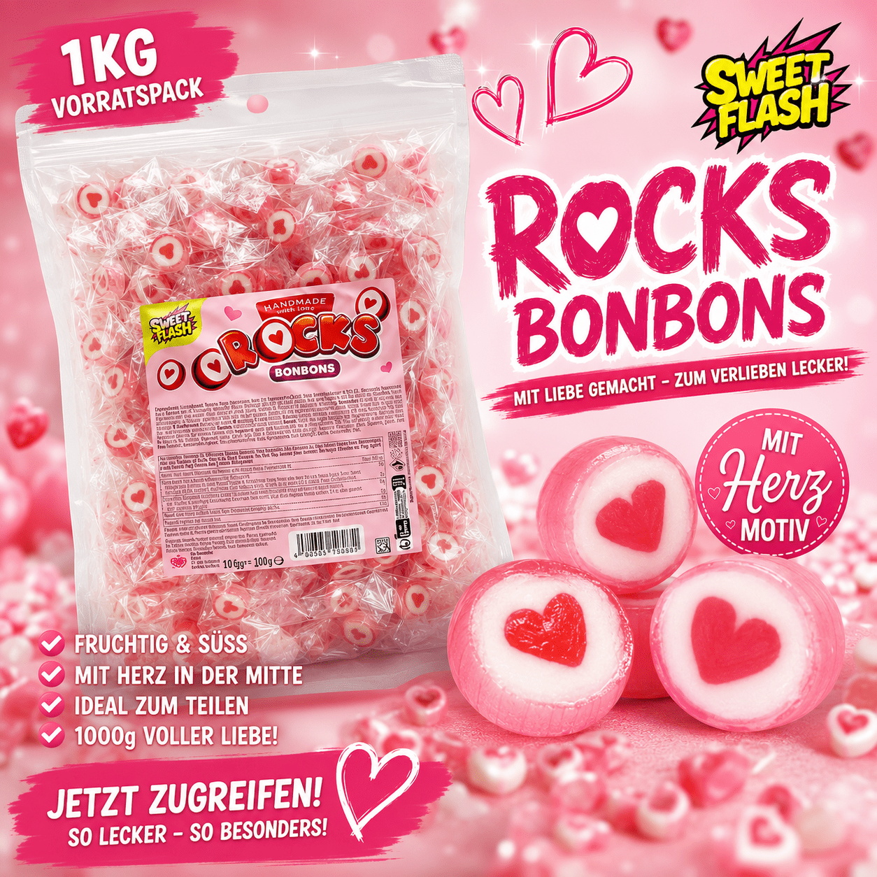 Image of 1kg Rocks Heart Candies With Heart Design – Pink Handmade Candies For Weddings, Candy Bars, Sweet Tables, Valentine's Day, Guest Favors, Engagements, Baptisms, Birthdays & Romantic Celebrations