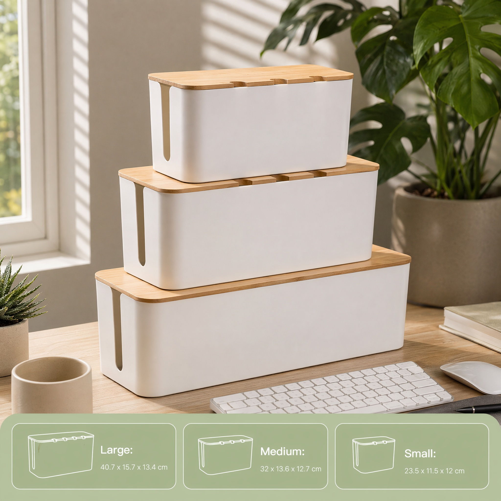 TEMU Pack Of 3 Abs Plastic Cable Management Boxes With Bamboo Lid, Desktop Wire Storage Organiser Box, Dustproof Cable Hiding Container For Power