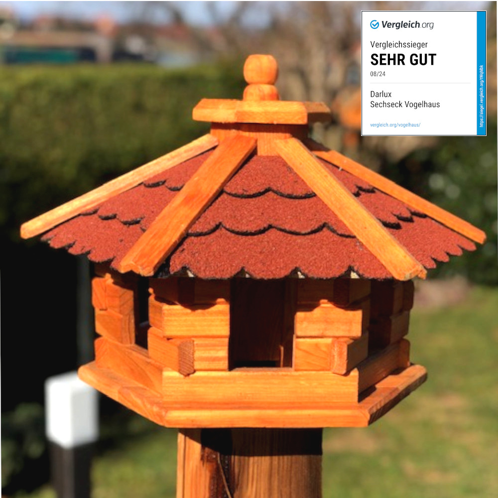 Image of Handcrafted Bird Feeder House M - Outdoor Birdhouse, (lxwxh 43x43x30 Cm), Weatherproof & Winterproof, Wooden Bird Feeding Station For , Hexagonal Birdhouse For Garden, Terrace & Balcony, Brown / Red