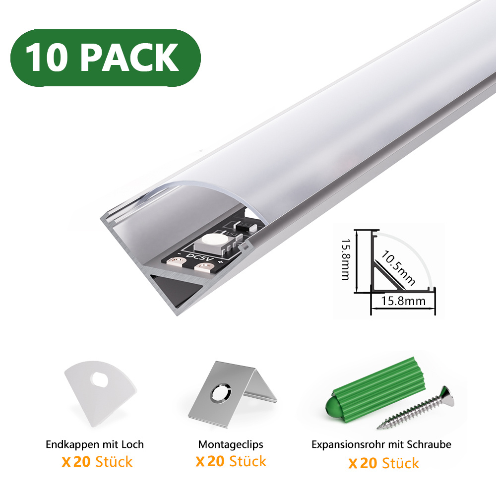 Led Profile Aluminum Rail For Anodized Led Strips, 10 Pieces X 1m Silver With Diffuser Cover, For Kitchen, Cabinet Lighting & Interior Lighting