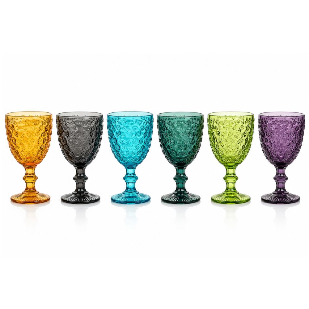 Cecaro Group Set Of 6 Colorful Glass Tumblers 350 Ml Glassware With Relief Pattern, Tumblers, Assorted Colors
