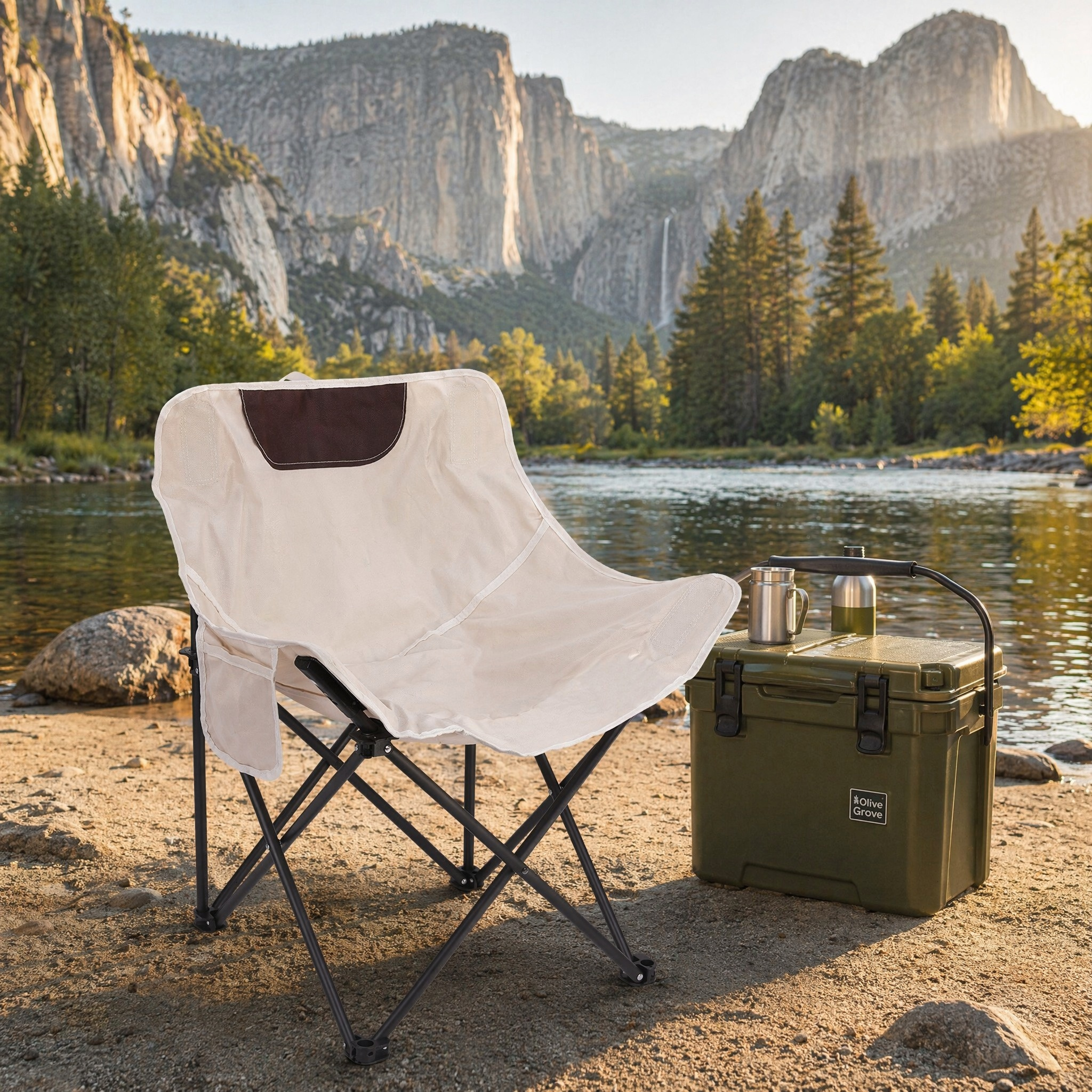 Image of Ultralight Foldable Moon Camping Chair With Side Pocket & Storage Bag, Portable Compact Outdoor Picnic Lawn Chair With Carry Strap