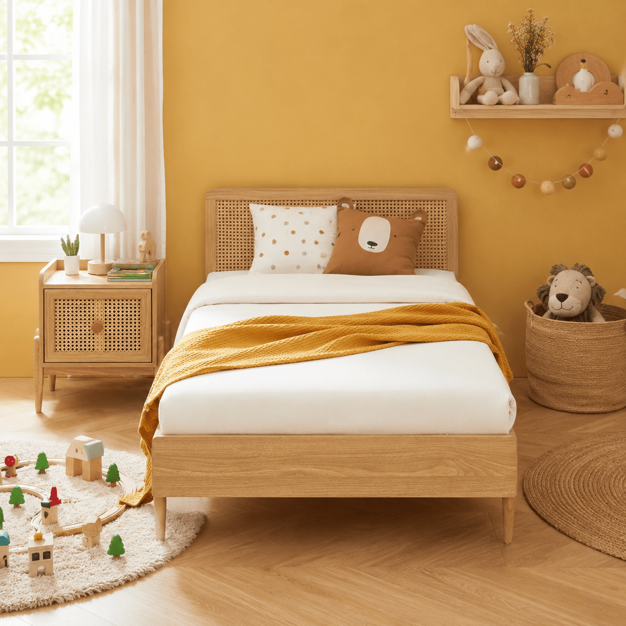 TEMU Lit enfant 90x190 cm rose pastel avec tête de lit cannage rotin, sommier , style bohème naturel