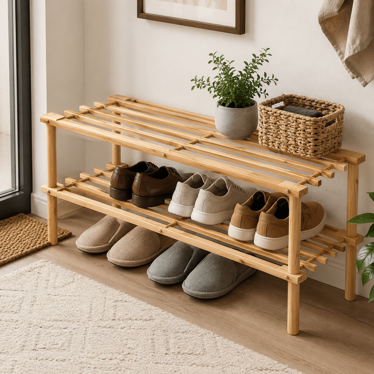 2-Tier Cedar Wood Shoe Rack for Hallway & Bedroom