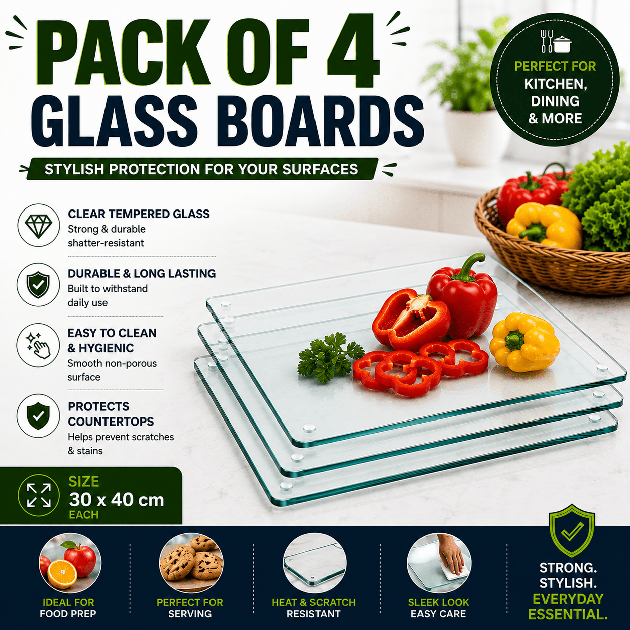 TEMU Pack Of 4 Glass Chopping Boards (30*40) – Tempered Glass Chopping Boards 30 X 40cm, Heat Resistant Kitchen Worktop Saver, Non-slip Food