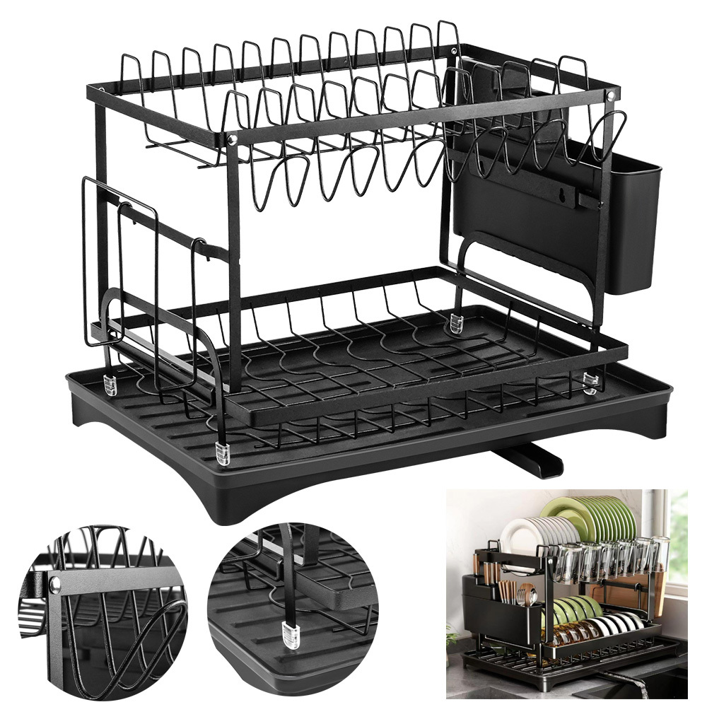 2 Tier Dish Drainer Rack For Small Kitchens - Compact Dish Drying Rack With Drip Tray, Cutlery Holder, Chopping Board Holder, Cup Holder And Drainage Spout, Countertop Dish Rack, Black