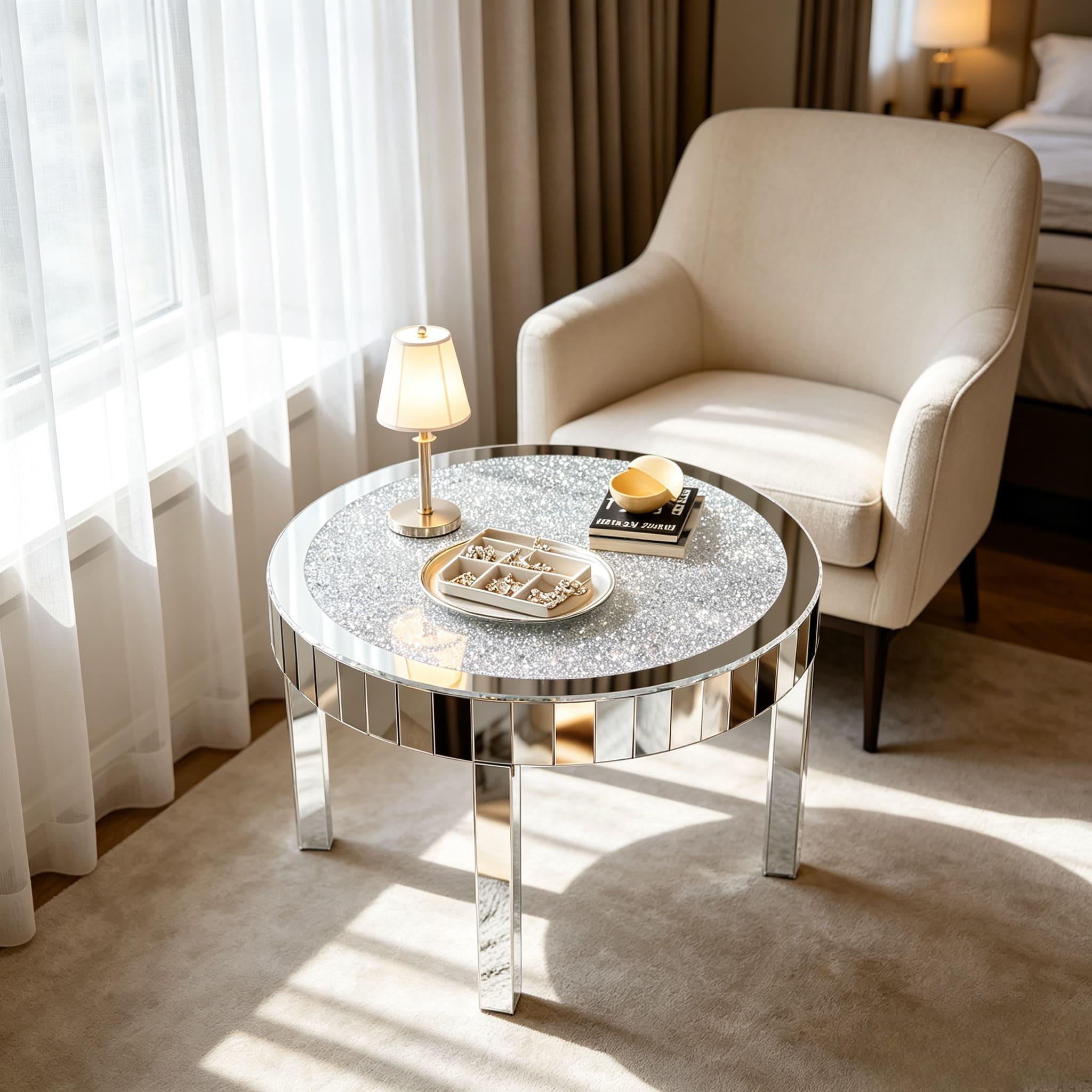 Round Mirrored Side Table With Crushed Diamond Inlay - Accent Coffee Table, 80x46.5cm, Sturdy Frame, Versatile For Living Room Bedroom Office