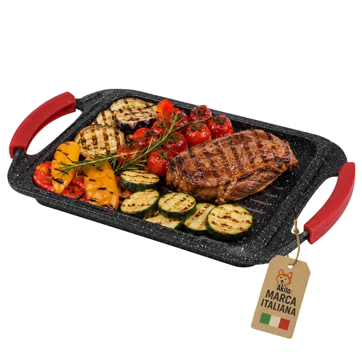 TEMU Akitaink Pressed Aluminum Bistecchiera Plate 34x26 Cm, Stone Effect, With 2 Handles, Suitable For Induction, For Meat, Fish And Vegetables
