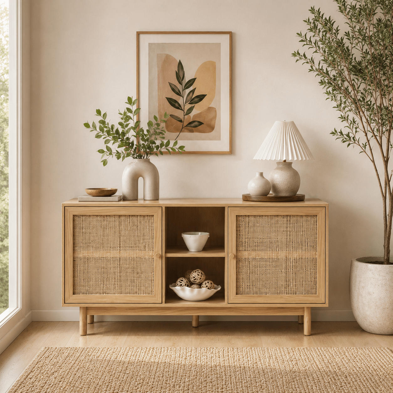 TEMU Buffet NALORA 150 cm effet et cannage rotin, meuble de rangement salon salle à manger avec 2 portes et niches, style bohème naturel